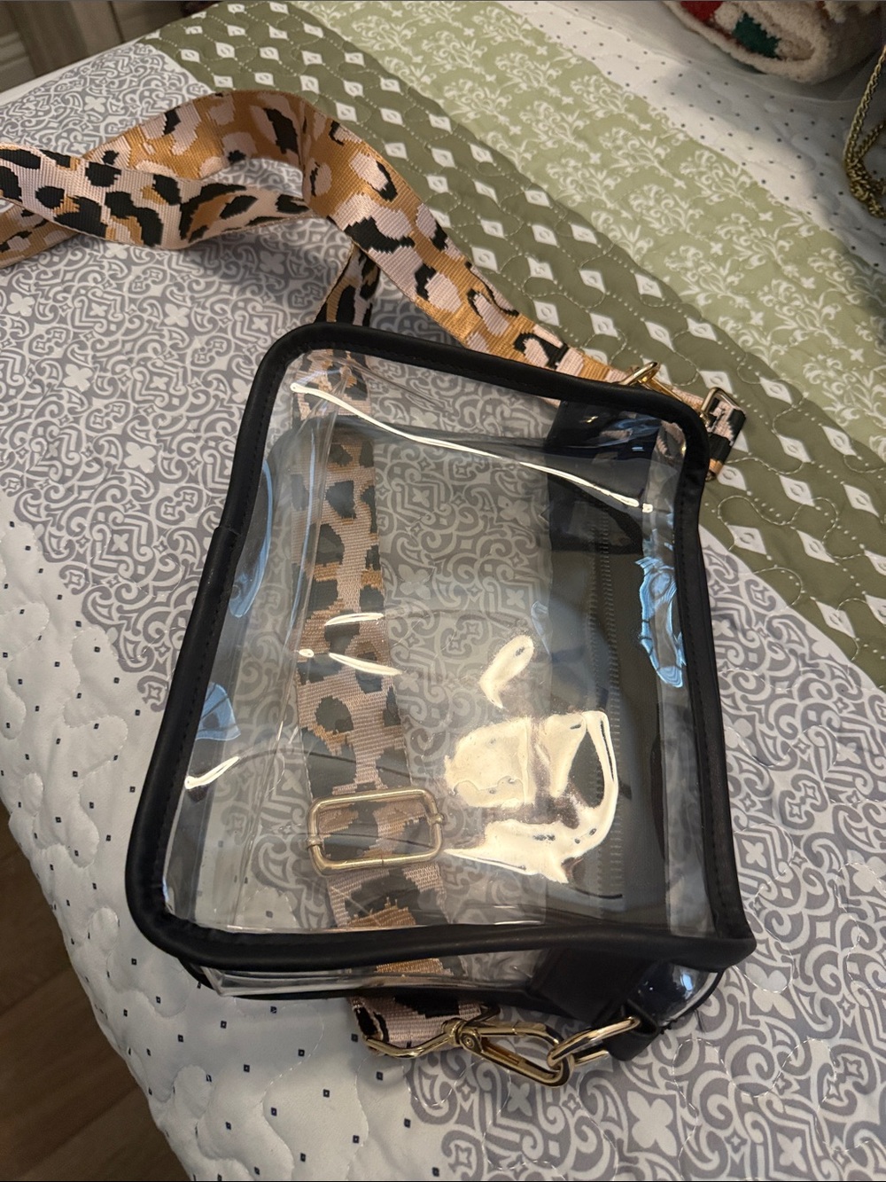 Clear Crossbody Bag with Leopard Print Strap - Black Trim - Picture 4 of 7